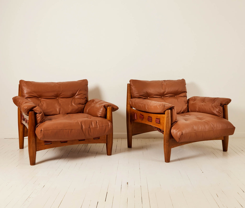 SOLD Sergio Rodrigues "Sheriff" Brazilian Leather Lounge Chair, a pair 1960's