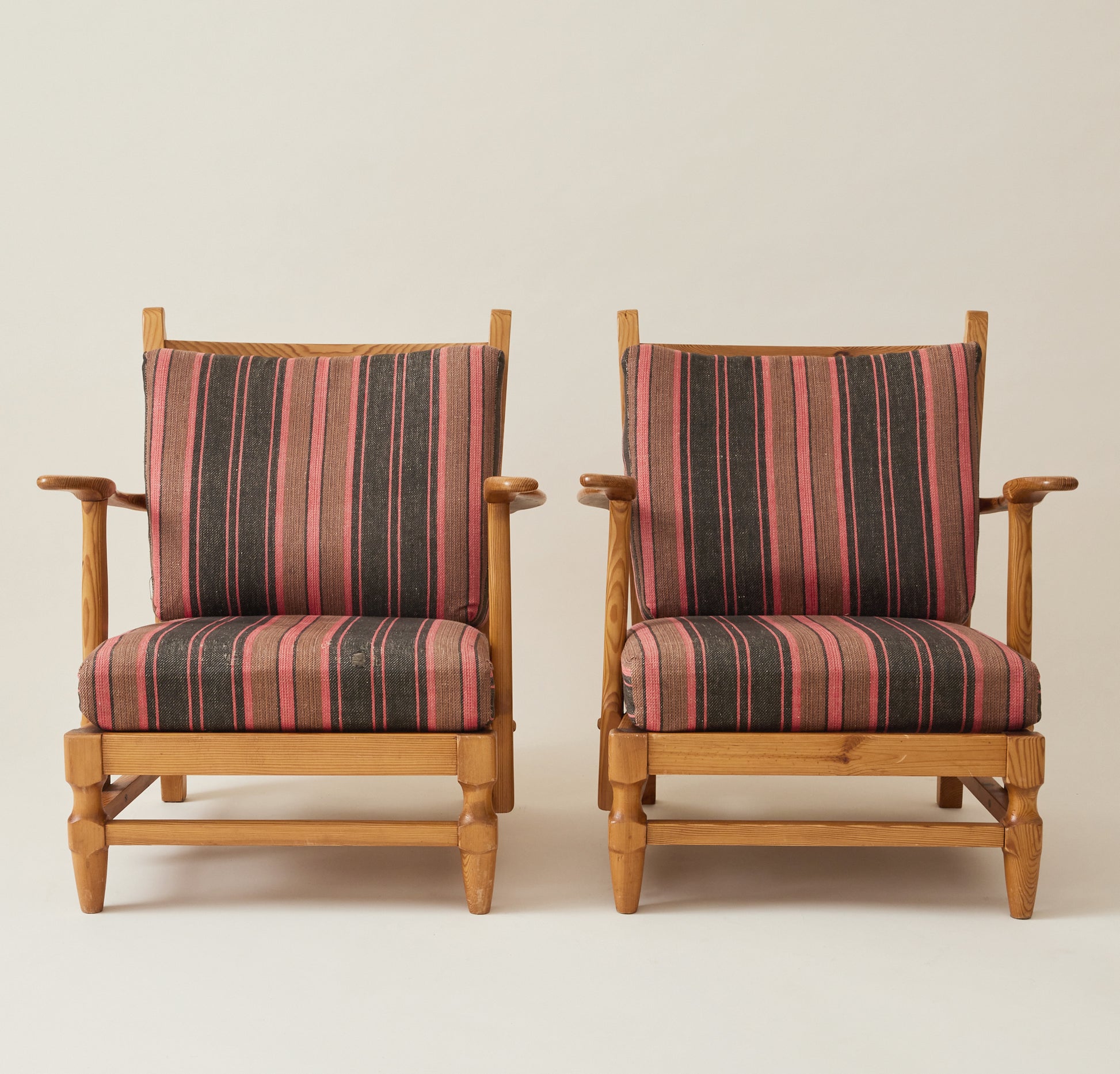 Gunnar Göpert Swedish Pine Armchairs With Striped Cushions, 1940's/50's, a Pair