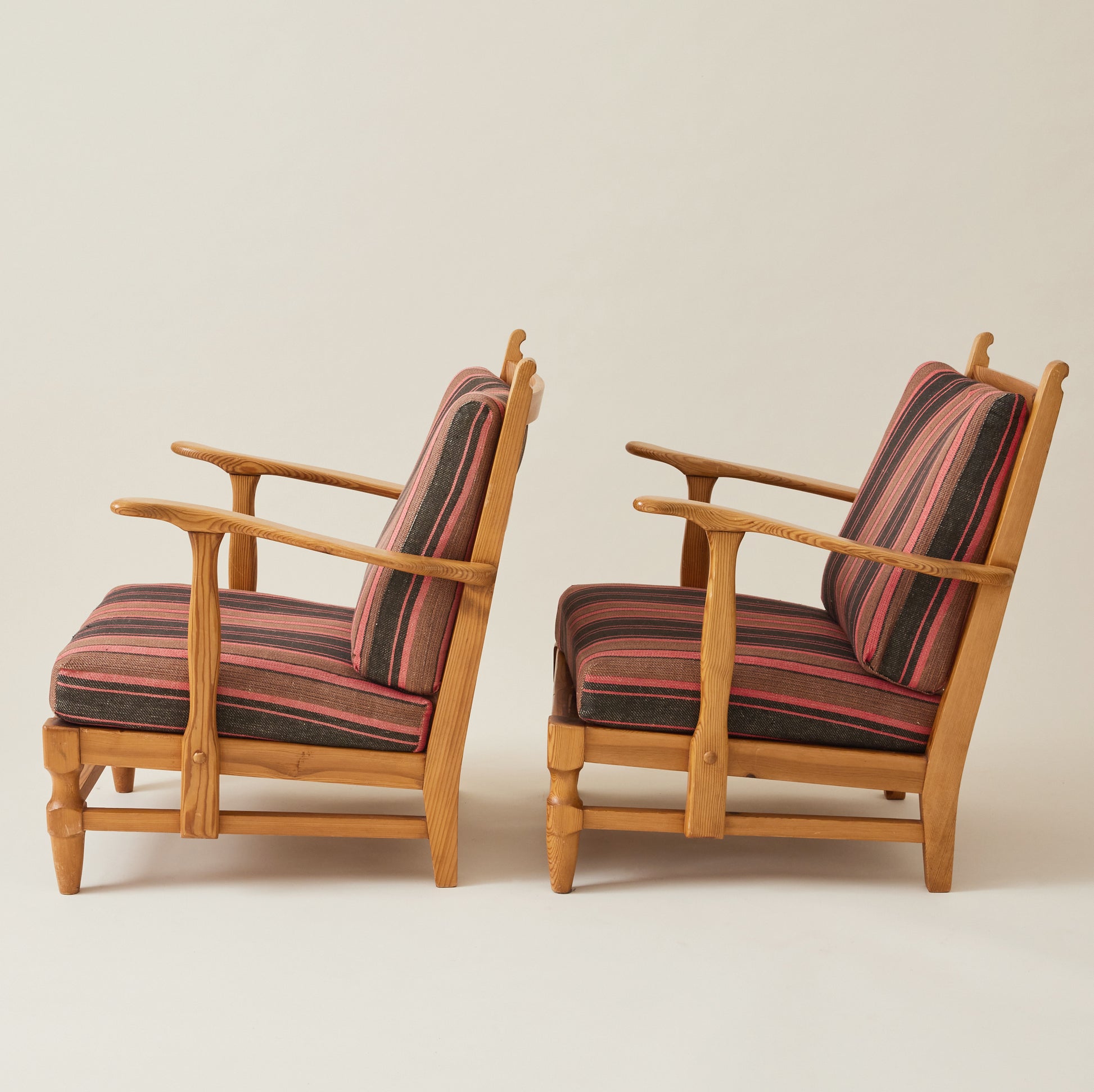 Gunnar Göpert Swedish Pine Armchairs With Striped Cushions, 1940's/50's, a Pair