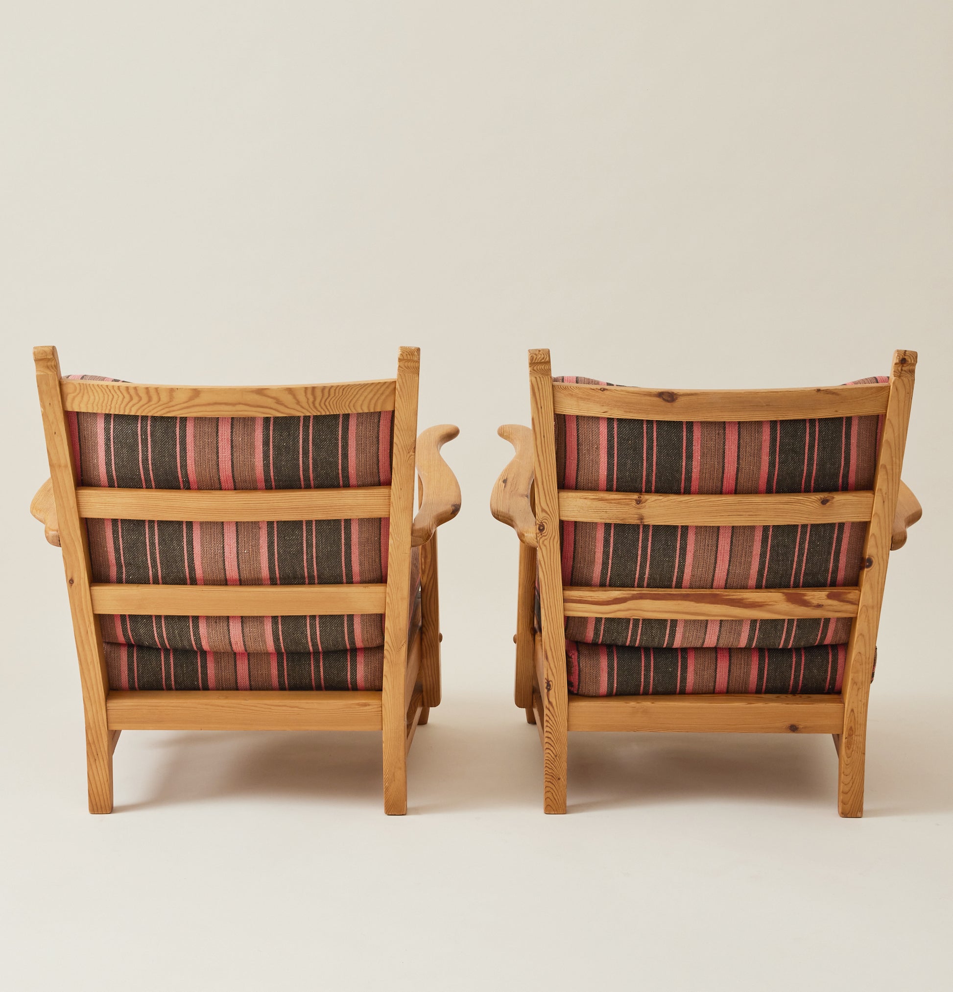 Gunnar Göpert Swedish Pine Armchairs With Striped Cushions, 1940's/50's, a Pair