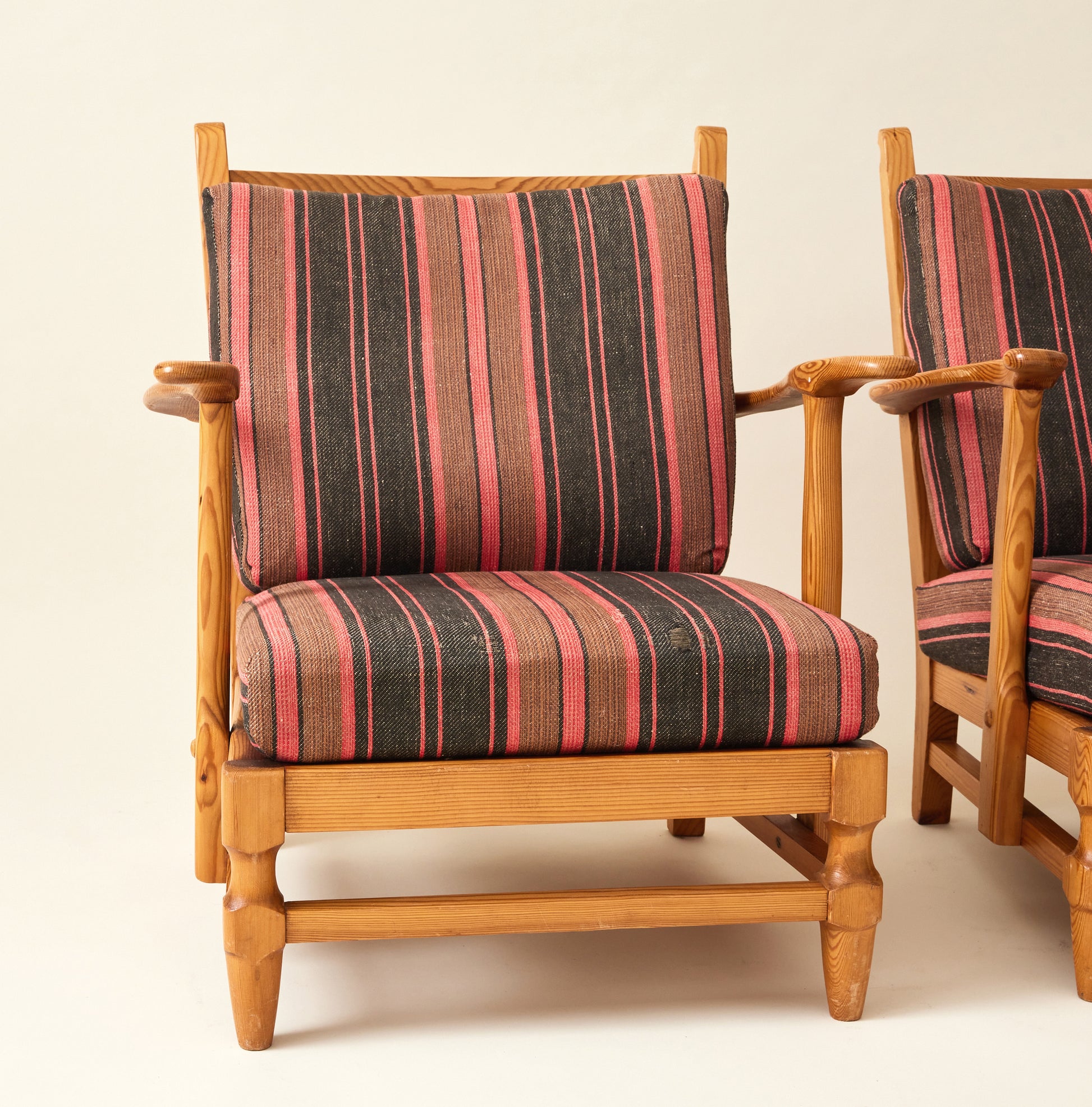 Gunnar Göpert Swedish Pine Armchairs With Striped Cushions, 1940's/50's, a Pair