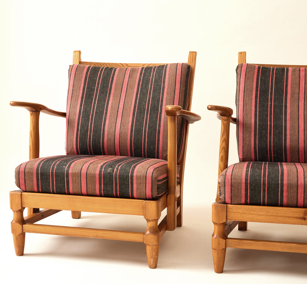Gunnar Göpert Swedish Pine Armchairs With Striped Cushions, 1940's/50's, a Pair