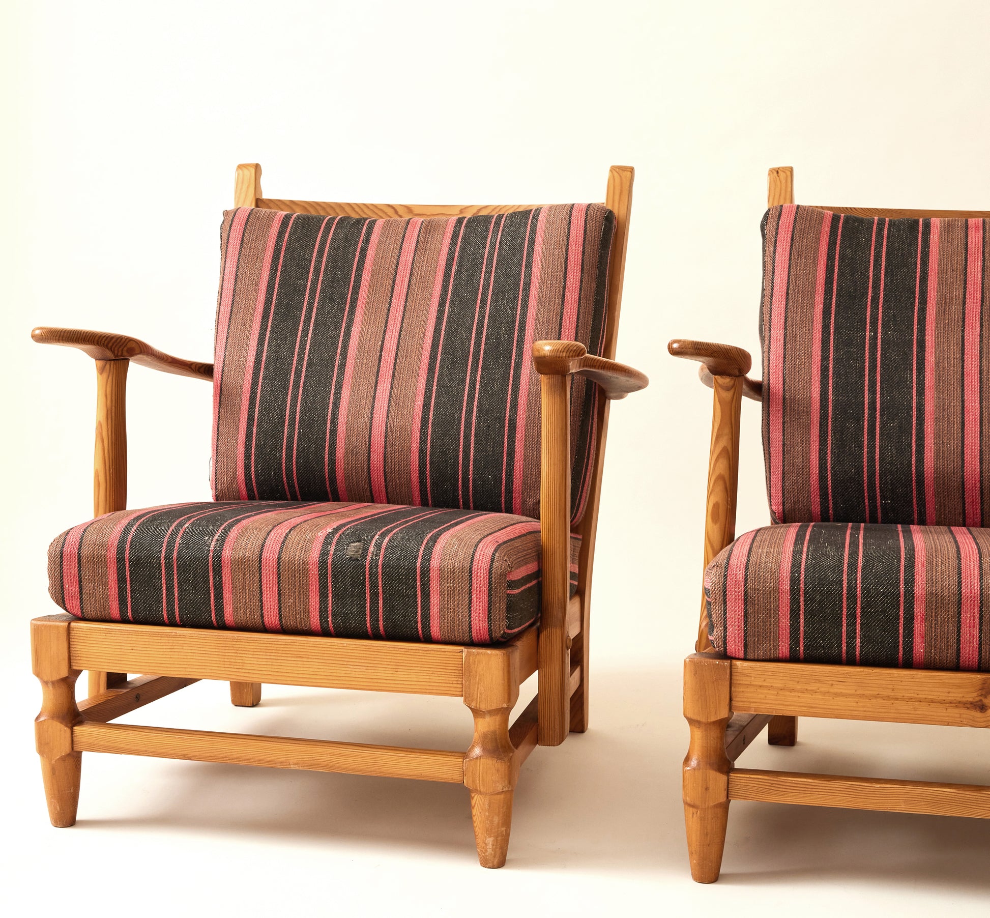 Gunnar Göpert Swedish Pine Armchairs With Striped Cushions, 1940's/50's, a Pair