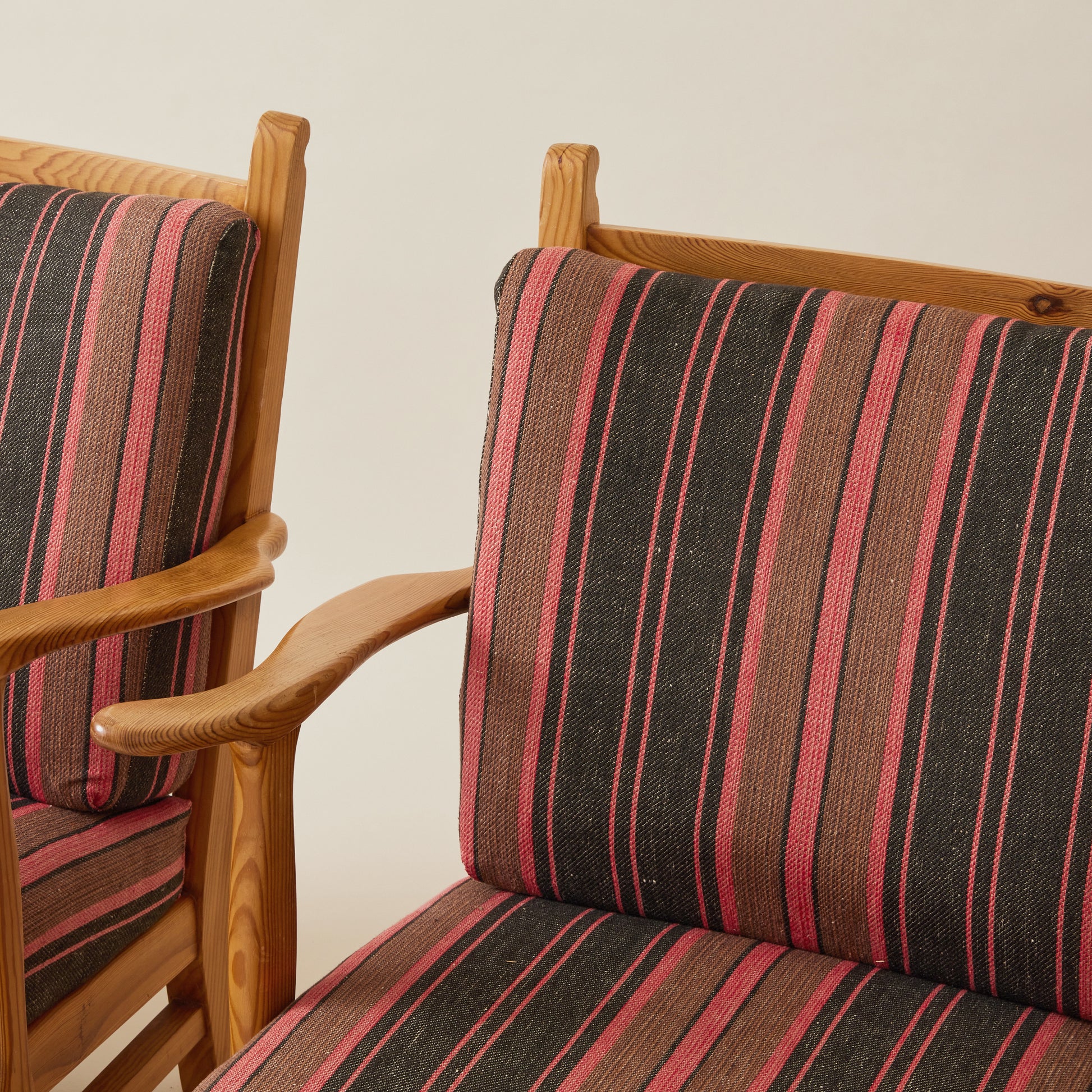 Gunnar Göpert Swedish Pine Armchairs With Striped Cushions, 1940's/50's, a Pair