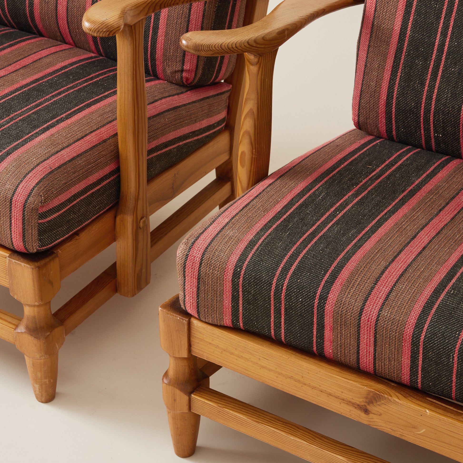 Gunnar Göpert Swedish Pine Armchairs With Striped Cushions, 1940's/50's, a Pair