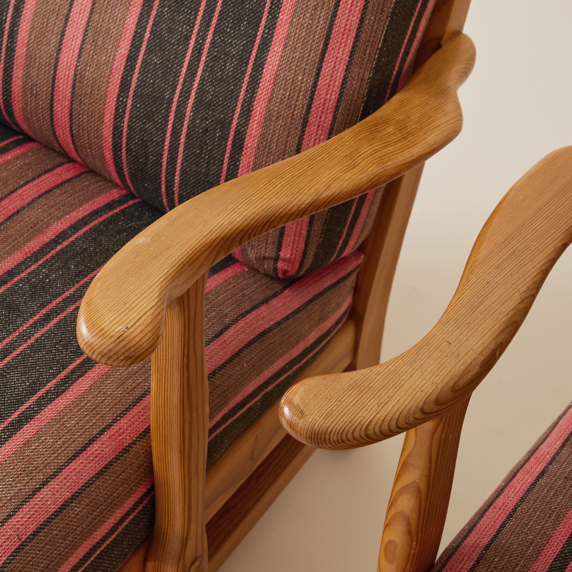 Gunnar Göpert Swedish Pine Armchairs With Striped Cushions, 1940's/50's, a Pair