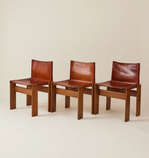 Afra & Tobia Scarpa Cognac Colored "Monk" Leather Dining Chairs for Molteni 1974, 6 Total