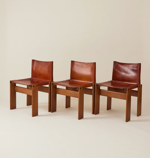 Afra & Tobia Scarpa Cognac Colored "Monk" Leather Dining Chairs for Molteni 1974, 6 Total