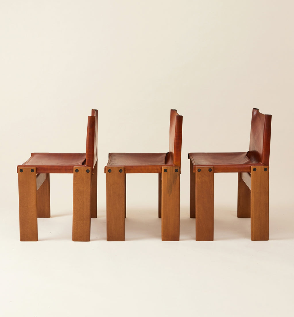 Afra & Tobia Scarpa Cognac Colored "Monk" Leather Dining Chairs for Molteni 1974, 6 Total
