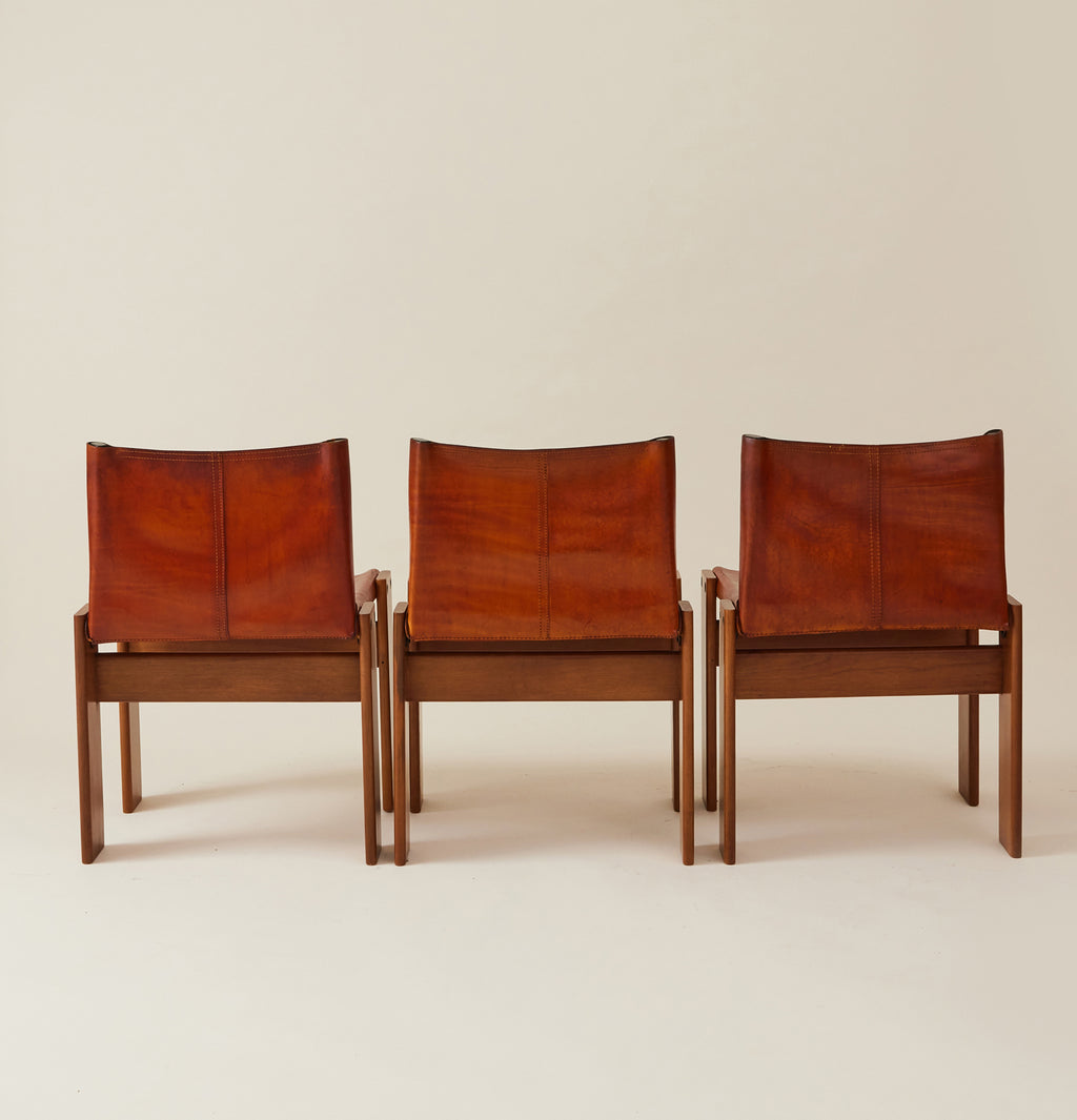 Afra & Tobia Scarpa Cognac Colored "Monk" Leather Dining Chairs for Molteni 1974, 6 Total