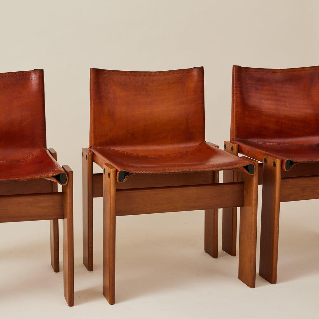 Afra & Tobia Scarpa Cognac Colored "Monk" Leather Dining Chairs for Molteni 1974, 6 Total