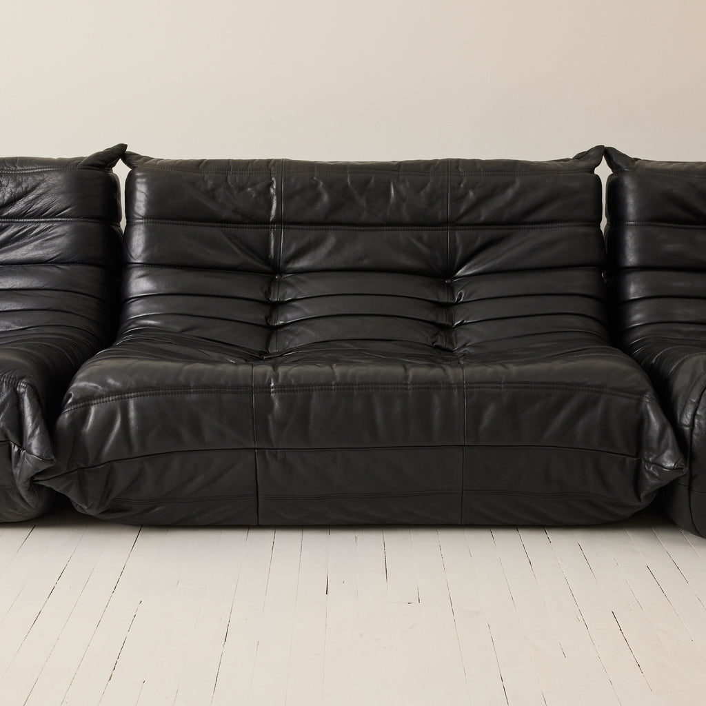 Ligne Roset "Togo" 2 person sofa in black leather, 1970's.