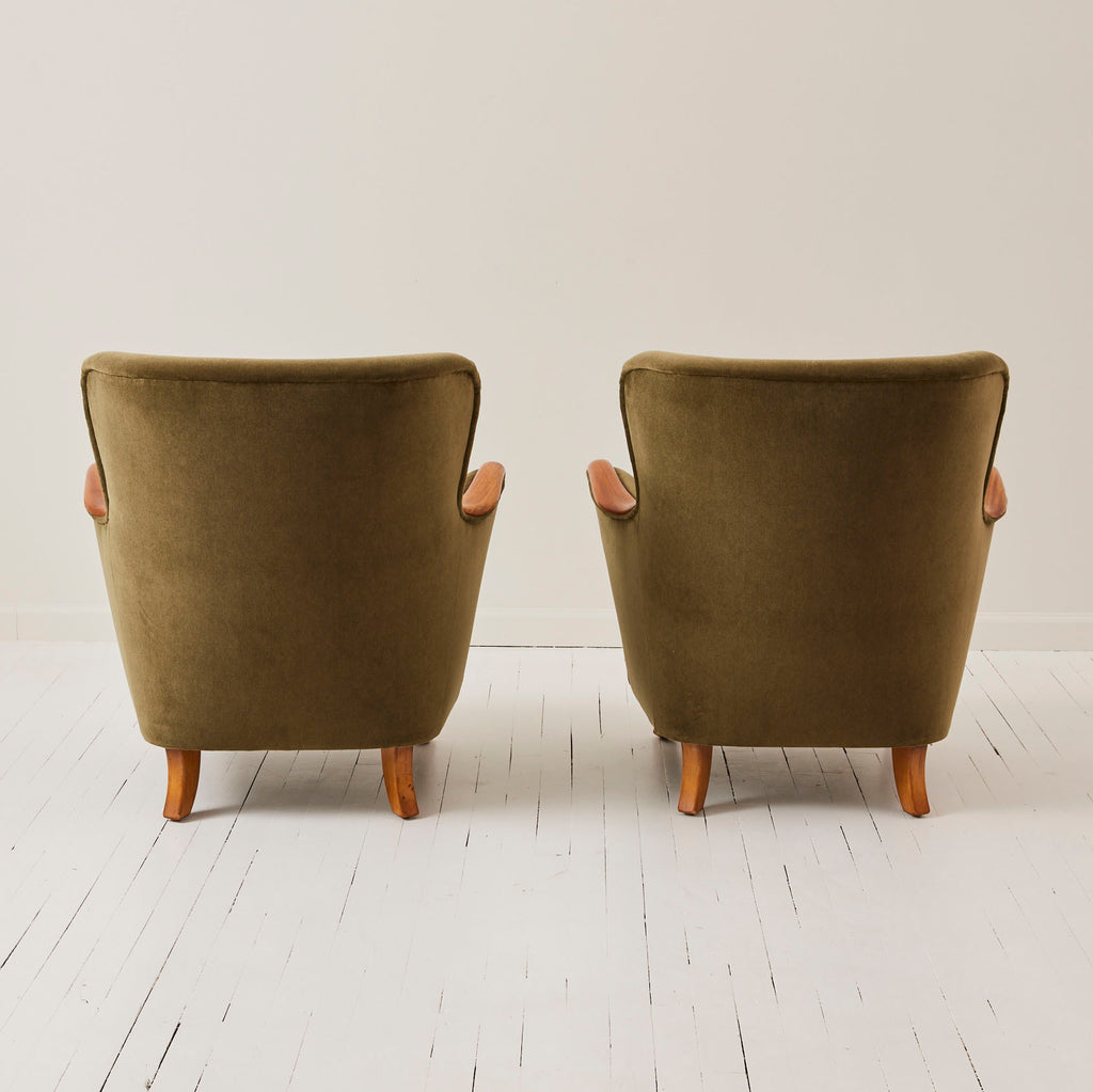 Swedish Mid Century 1950s Velvet Lounge Chairs With Lacquered Arms, a Pair
