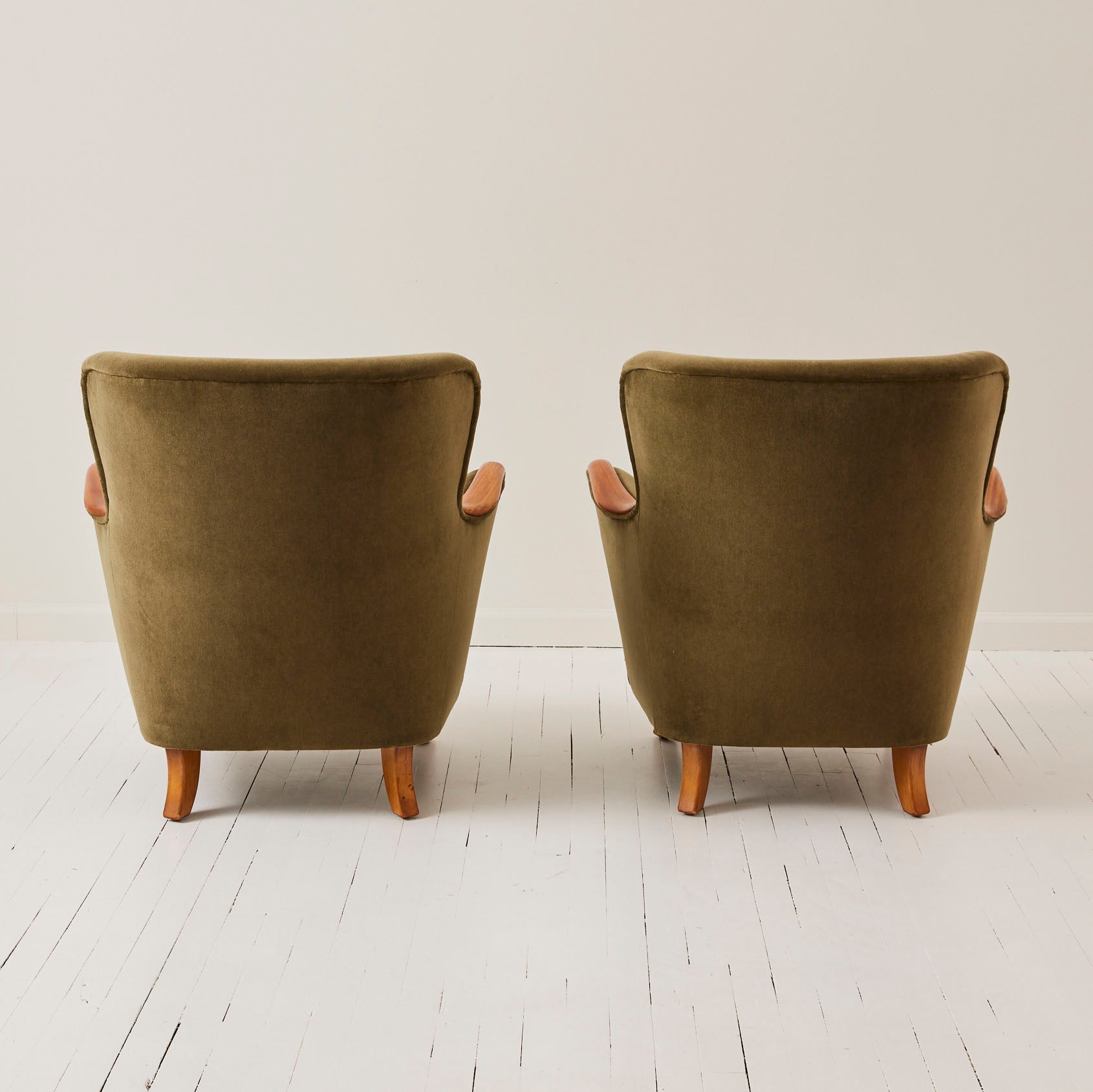 Swedish Mid Century 1950s Velvet Lounge Chairs With Lacquered Arms, a Pair