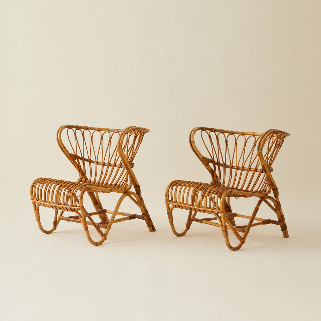 Viggo Boesen Danish Rattan “Fox Chairs”, a Pair, Mid Century, 1960's