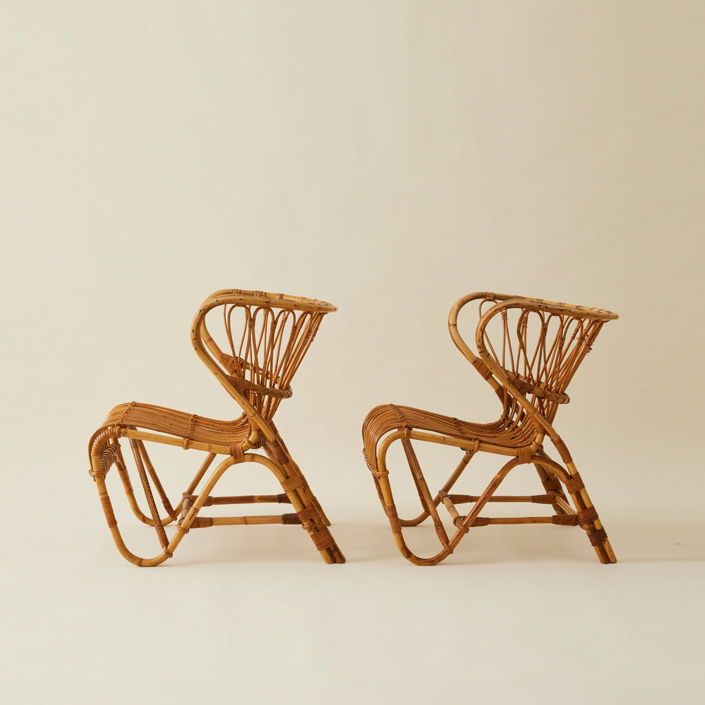 Viggo Boesen Danish Rattan “Fox Chairs”, a Pair, Mid Century, 1960's