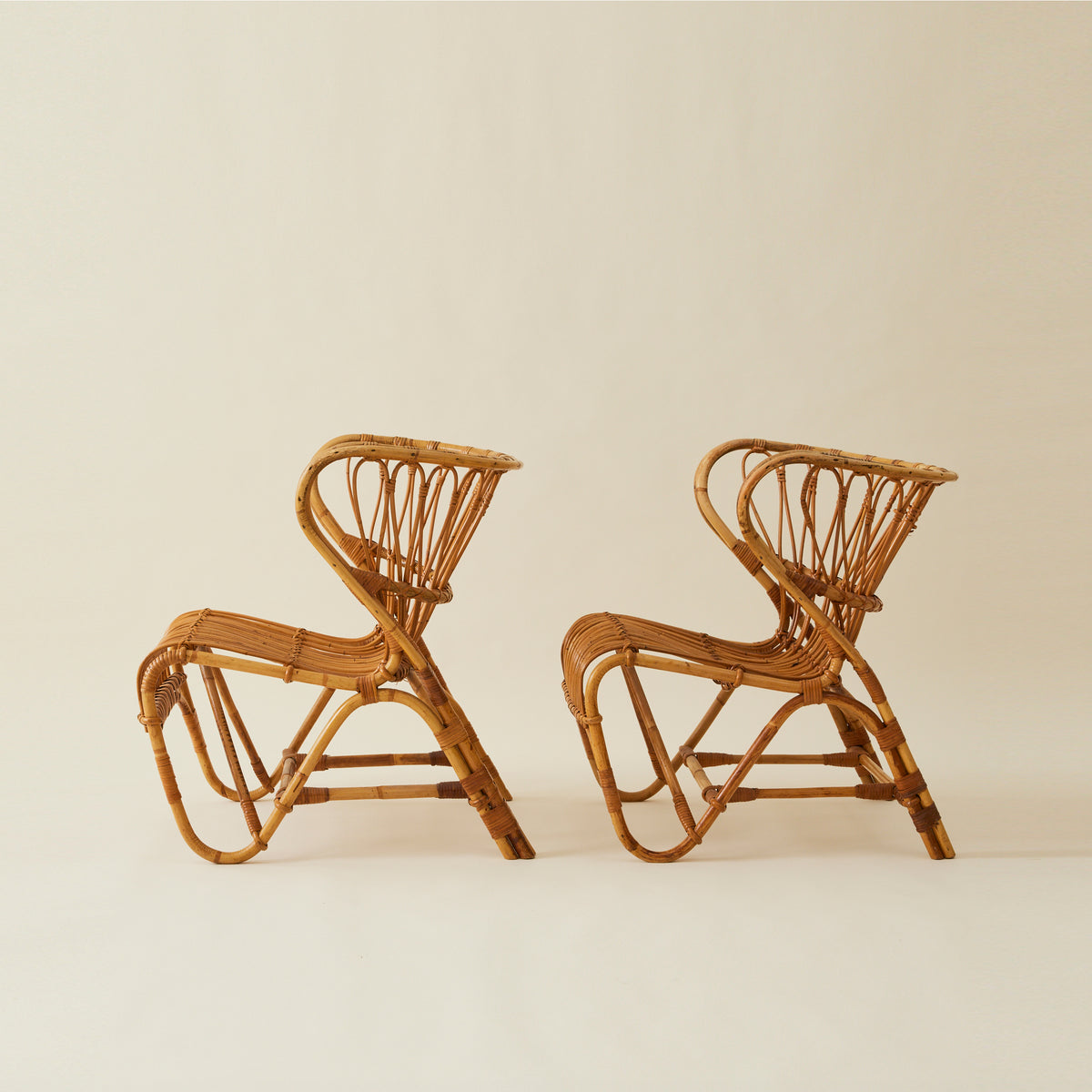 Viggo Boesen Danish Rattan “Fox Chairs”, a Pair, Mid Century, 1960's