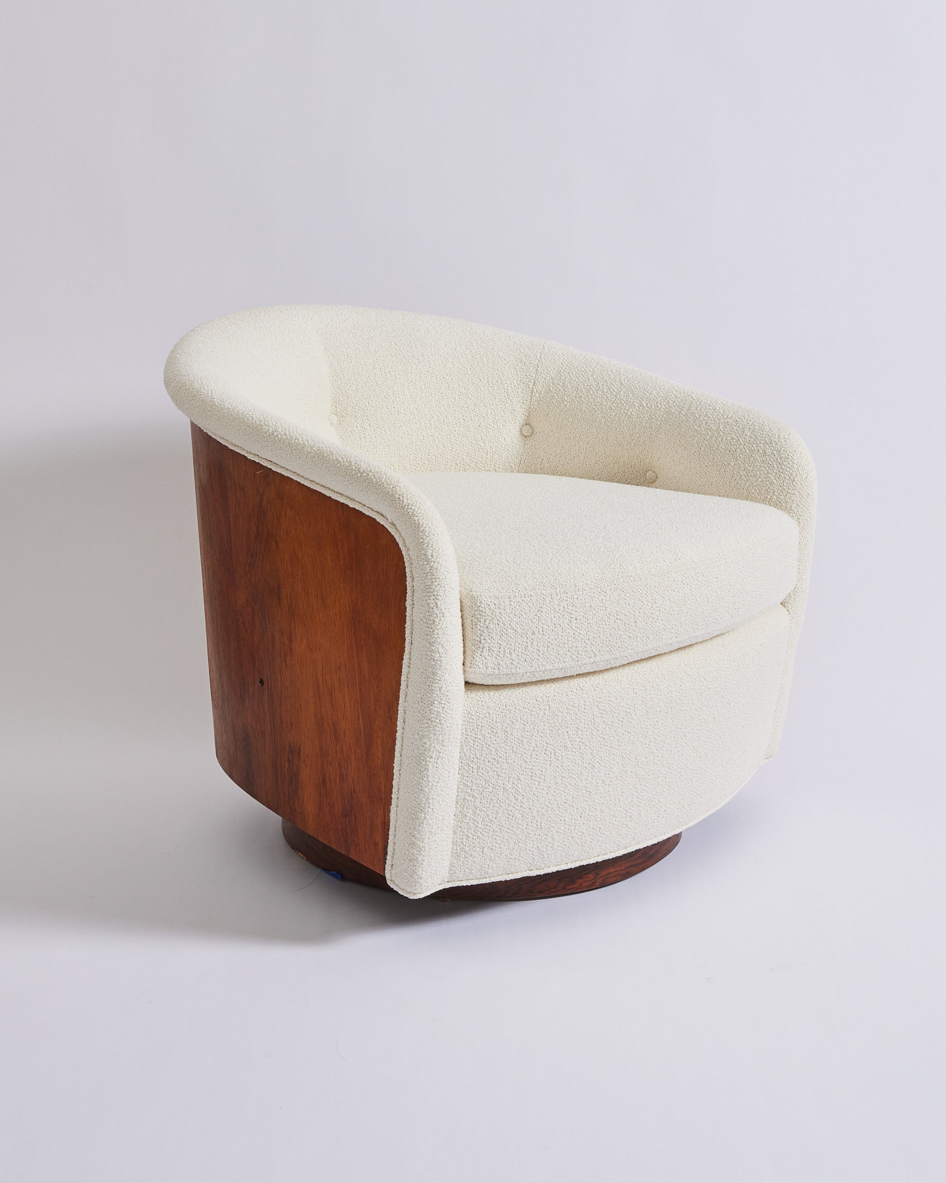 SOLD Mid Century Milo Baughman Swivel and Tilt Tub Chairs in Ivory Boucle