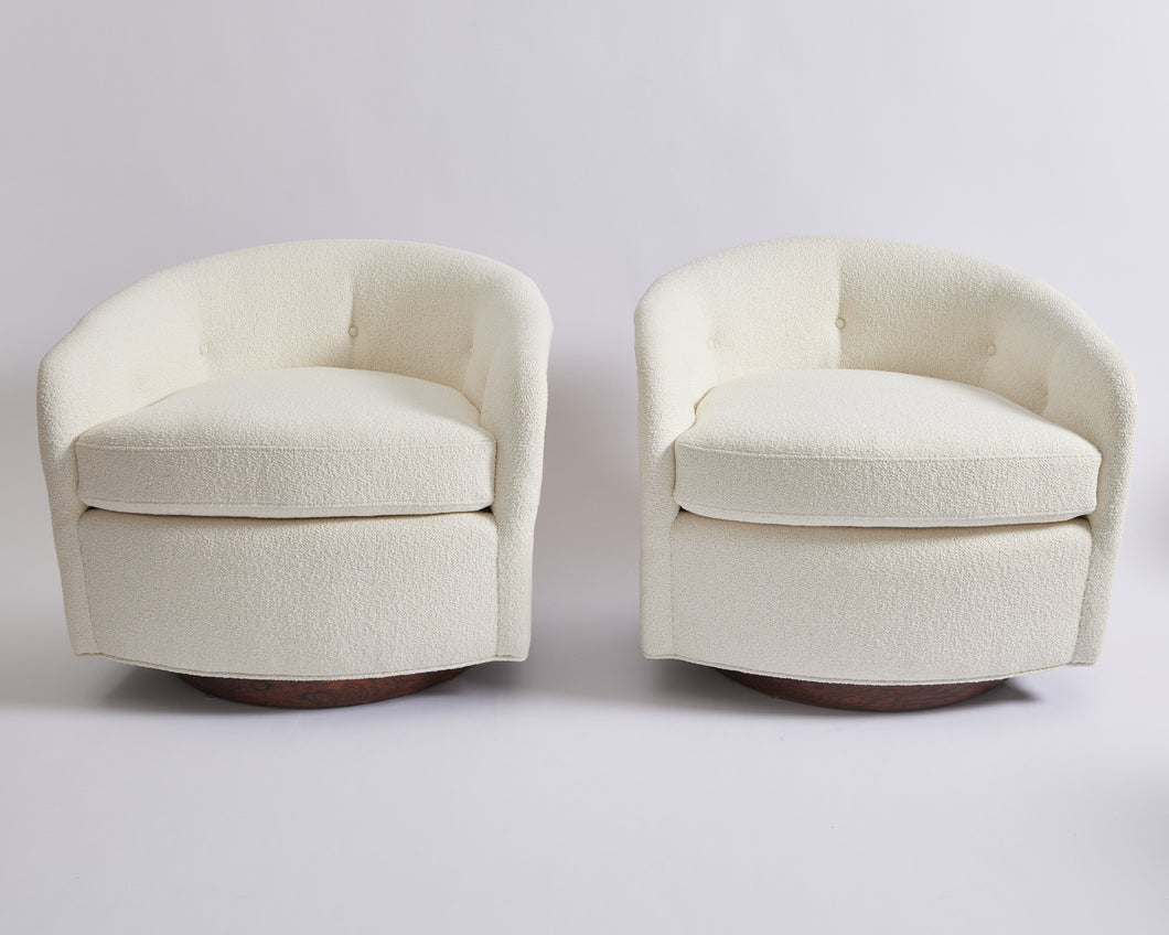 SOLD Mid Century Milo Baughman Swivel and Tilt Tub Chairs in Ivory Boucle