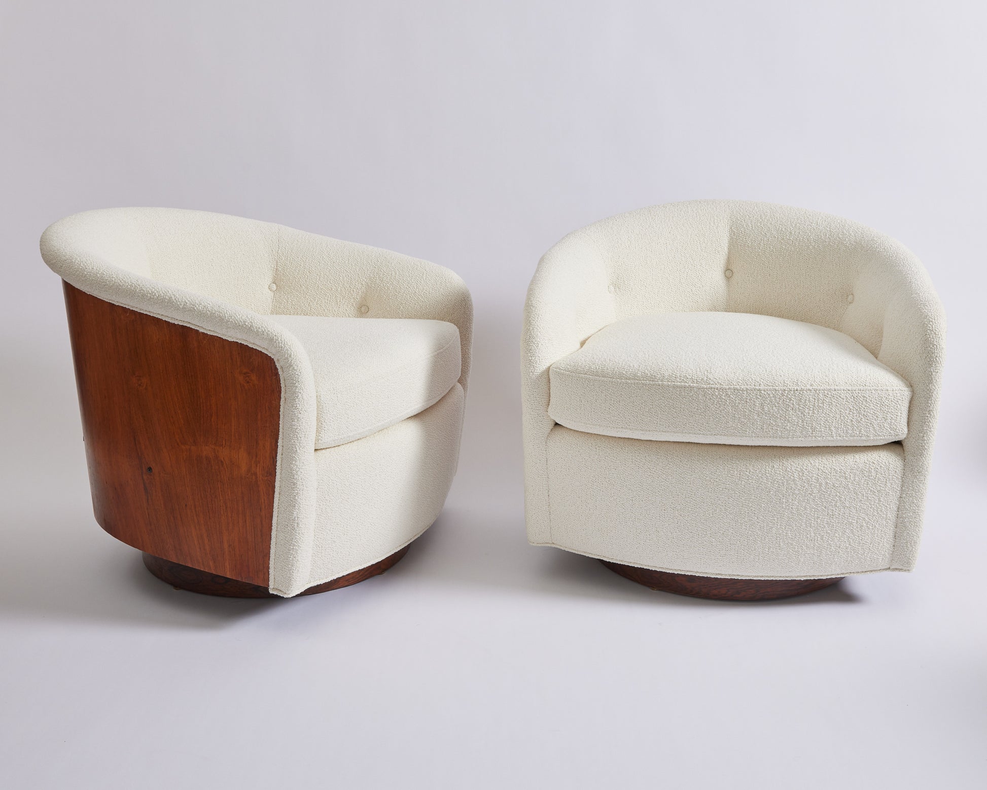 SOLD Mid Century Milo Baughman Swivel and Tilt Tub Chairs in Ivory Boucle
