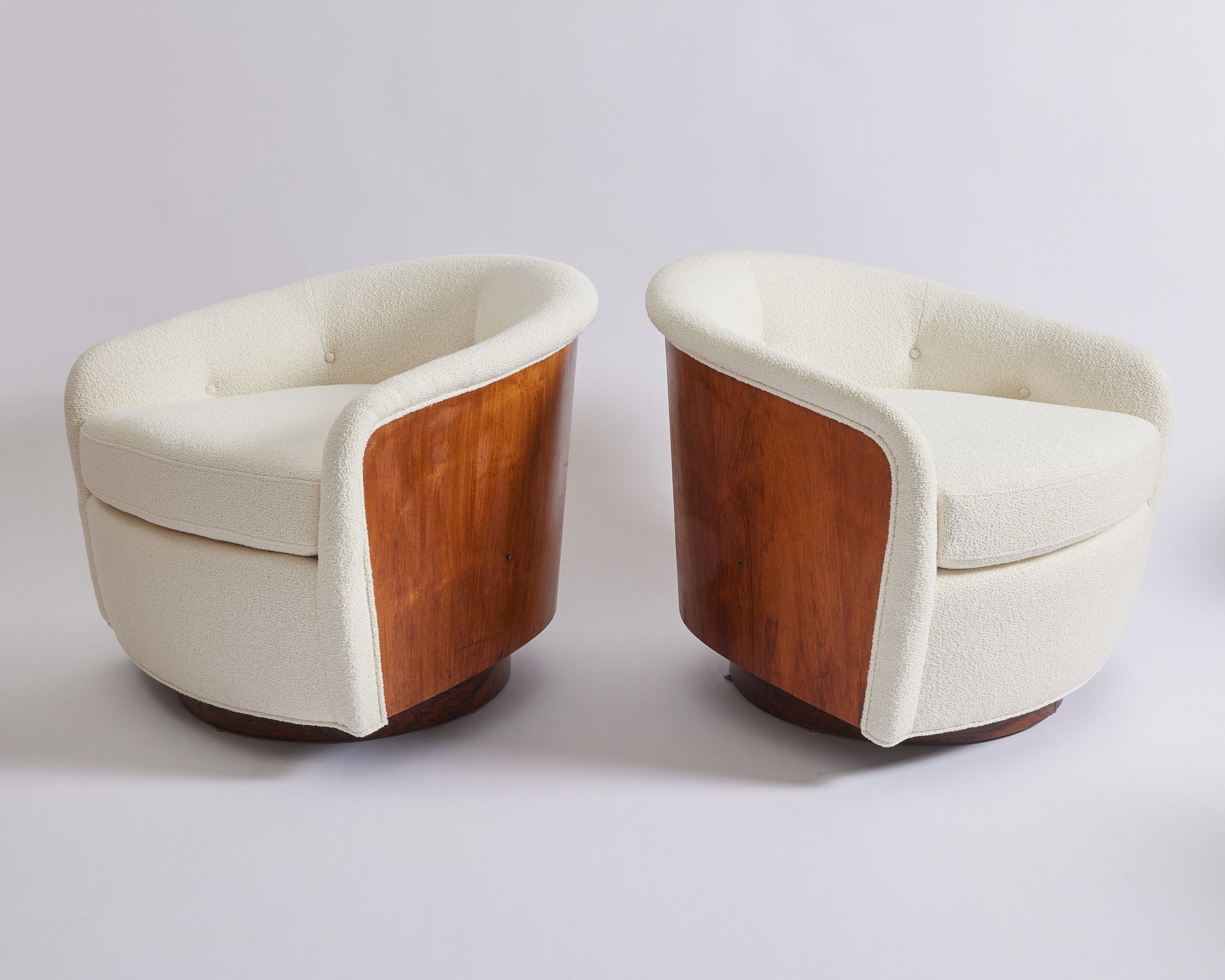 SOLD Mid Century Milo Baughman Swivel and Tilt Tub Chairs in Ivory Boucle