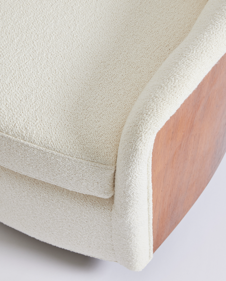 SOLD Mid Century Milo Baughman Swivel and Tilt Tub Chairs in Ivory Boucle