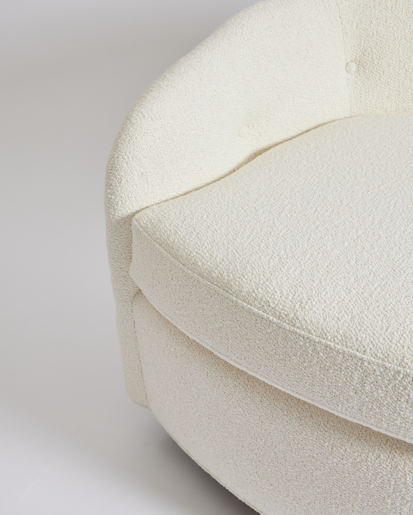SOLD Mid Century Milo Baughman Swivel and Tilt Tub Chairs in Ivory Boucle