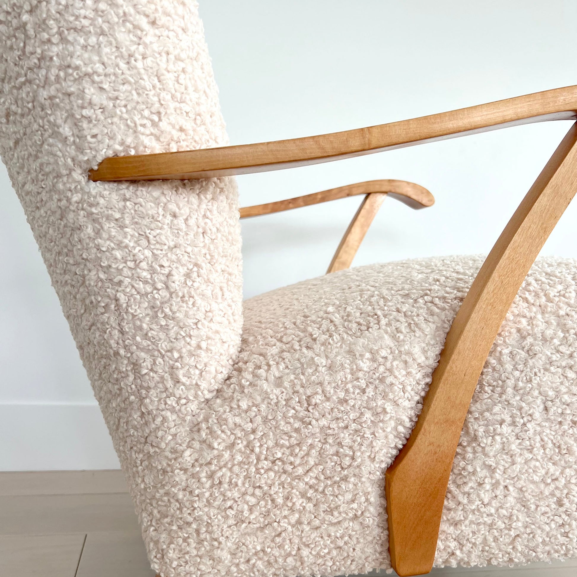 SOLD Mid Century Swedish Armchair Upholstered in Fluffy Boucle Fabric