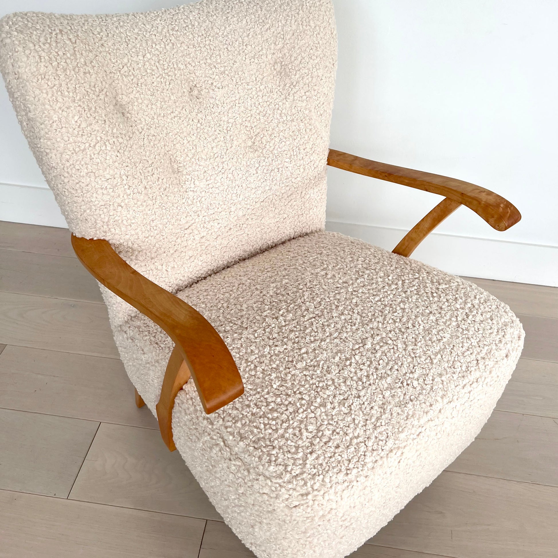 SOLD Mid Century Swedish Armchair Upholstered in Fluffy Boucle Fabric