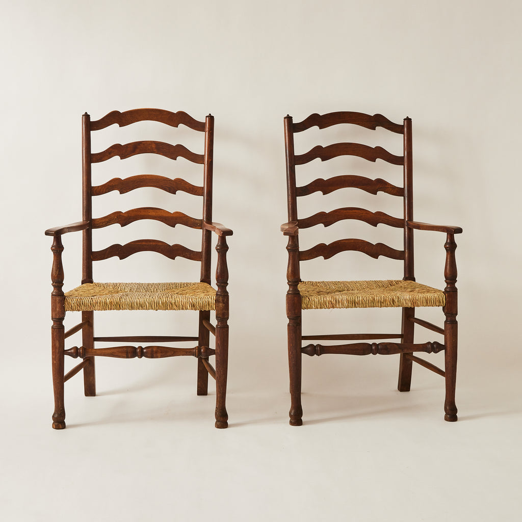 English Ladder Back Chairs | Vintage 1940s Restored Oak and Rush, Set of 2