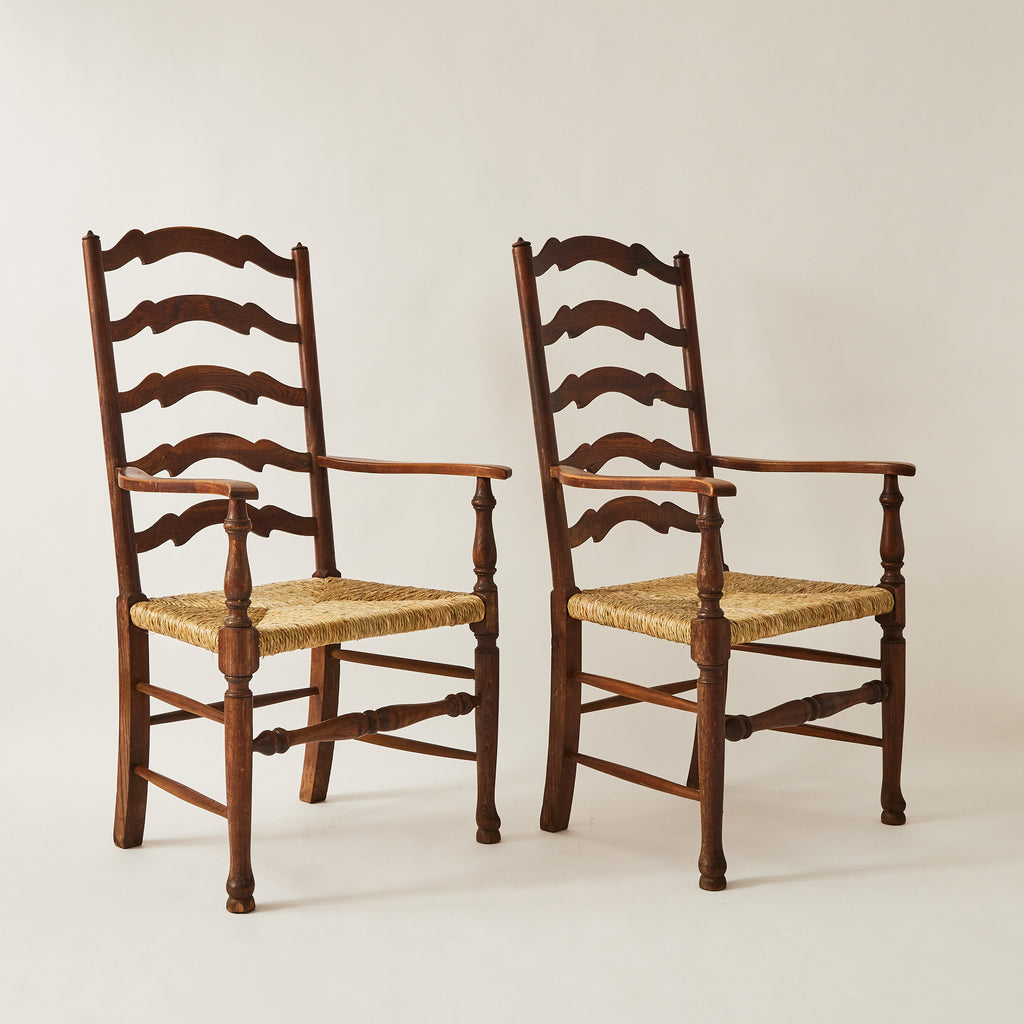 English Ladder Back Chairs | Vintage 1940s Restored Oak and Rush, Set of 2
