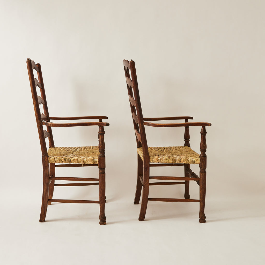 English Ladder Back Chairs | Vintage 1940s Restored Oak and Rush, Set of 2