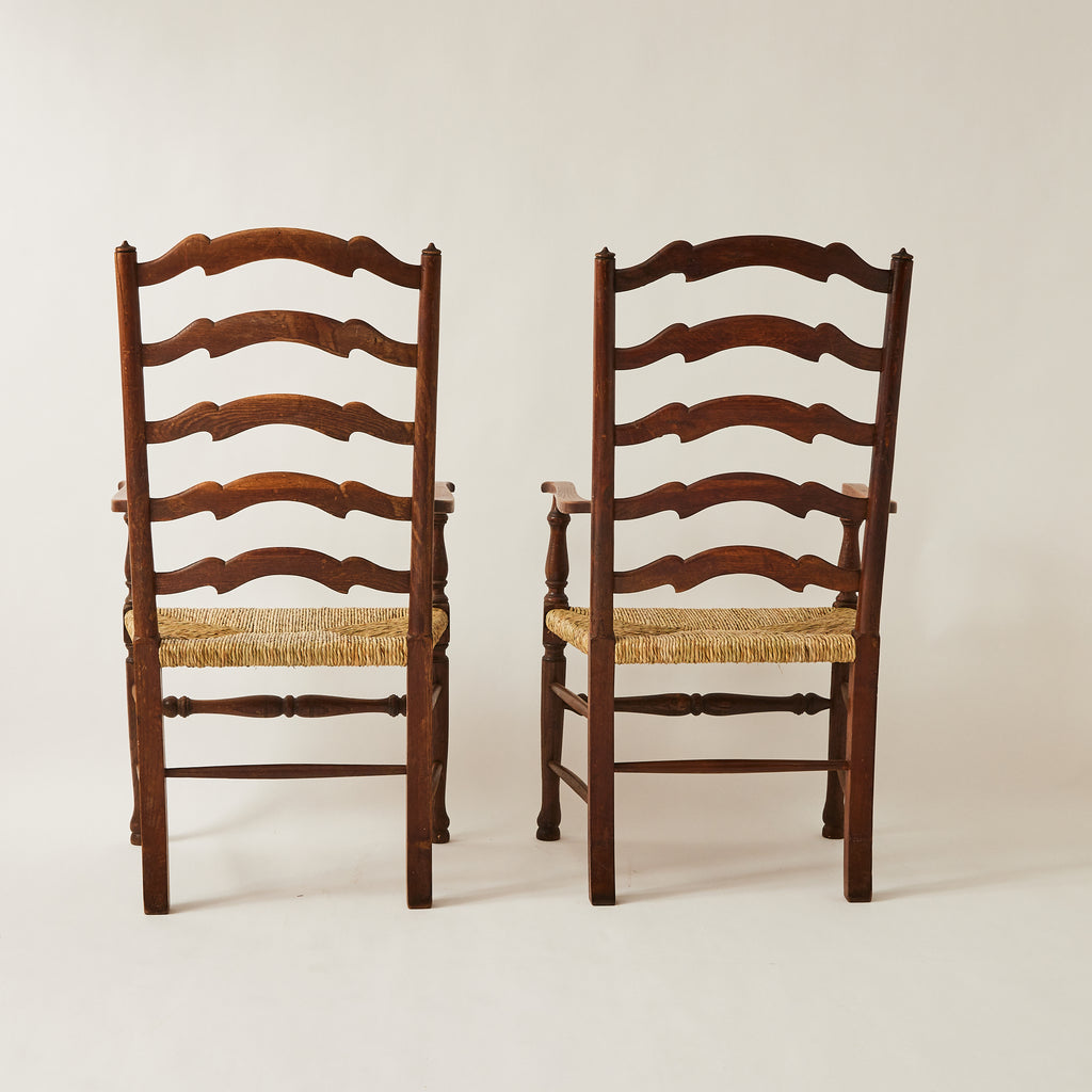 English Ladder Back Chairs | Vintage 1940s Restored Oak and Rush, Set of 2