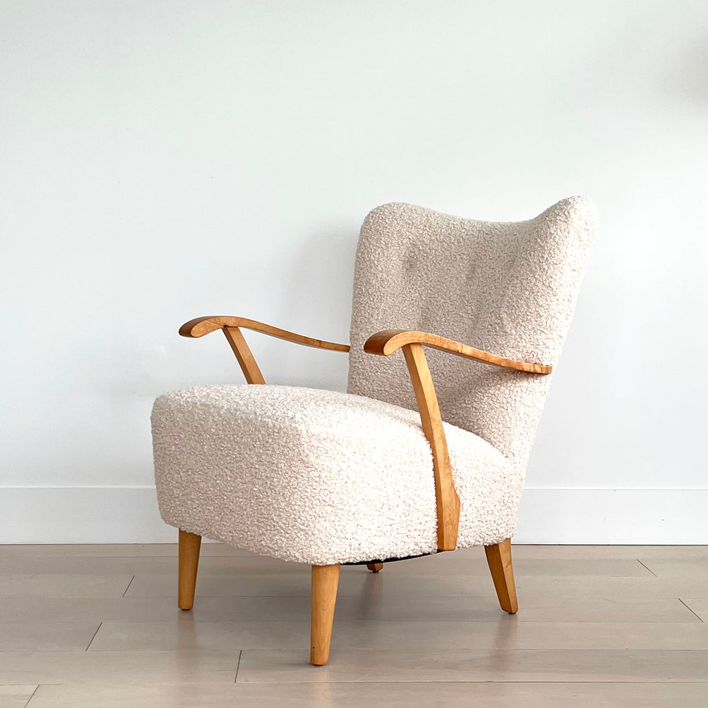 SOLD Mid Century Swedish Armchair Upholstered in Fluffy Boucle Fabric