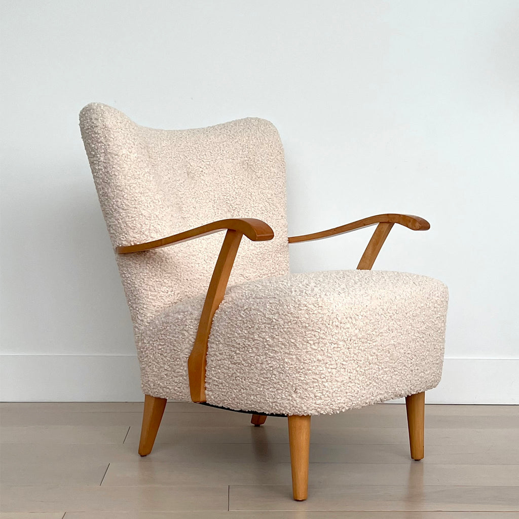 SOLD Mid Century Swedish Armchair Upholstered in Fluffy Boucle Fabric